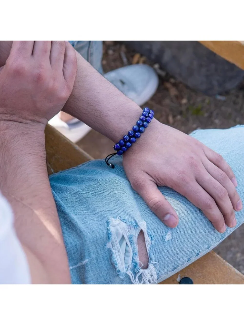 Handcrafted Blue Lapis Lazuli Beaded Bracelet for Men - Adjustable Artisan